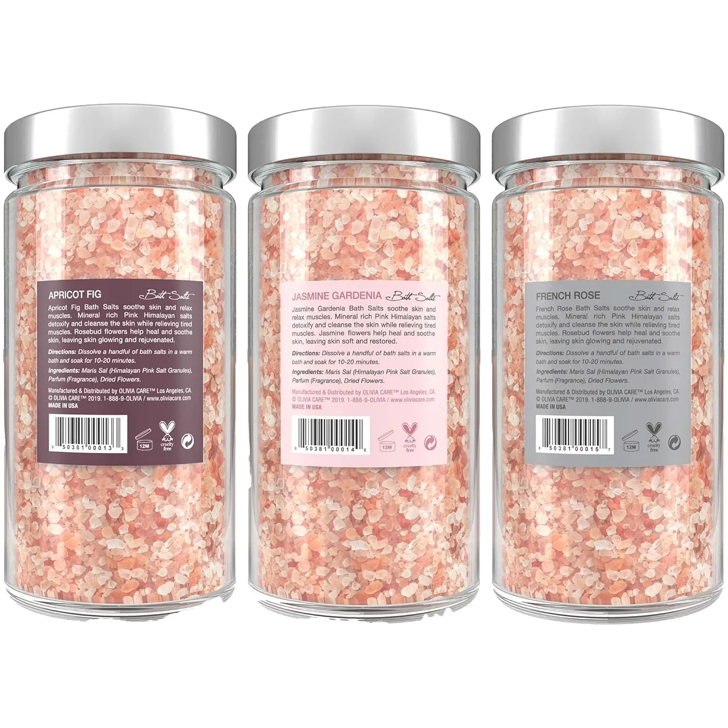 OLIVIA CARE 3 Pack Bath Salt Combo by Apricot Fig, French Rose & Jasmine Gardenia - Relieves & Relax Muscles. Exfoliate, Rejuvenate & Soothes Natural