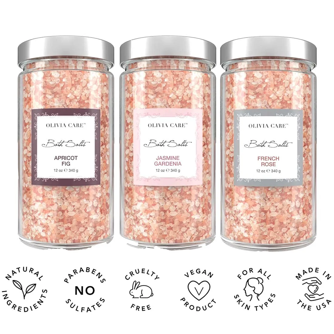 OLIVIA CARE 3 Pack Bath Salt Combo by Apricot Fig, French Rose & Jasmine Gardenia - Relieves & Relax Muscles. Exfoliate, Rejuvenate & Soothes Natural