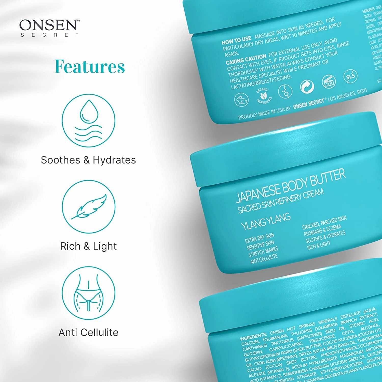 Onsen Japanese Body Butter for Women - Skin Refinery Cream Natural and Organic Shea Butter Moisturizing Clear Skin Exfoliator with Coconut Oil and Vitamin E - 8.6 fl oz / 255 ml (Ylang Ylang)
