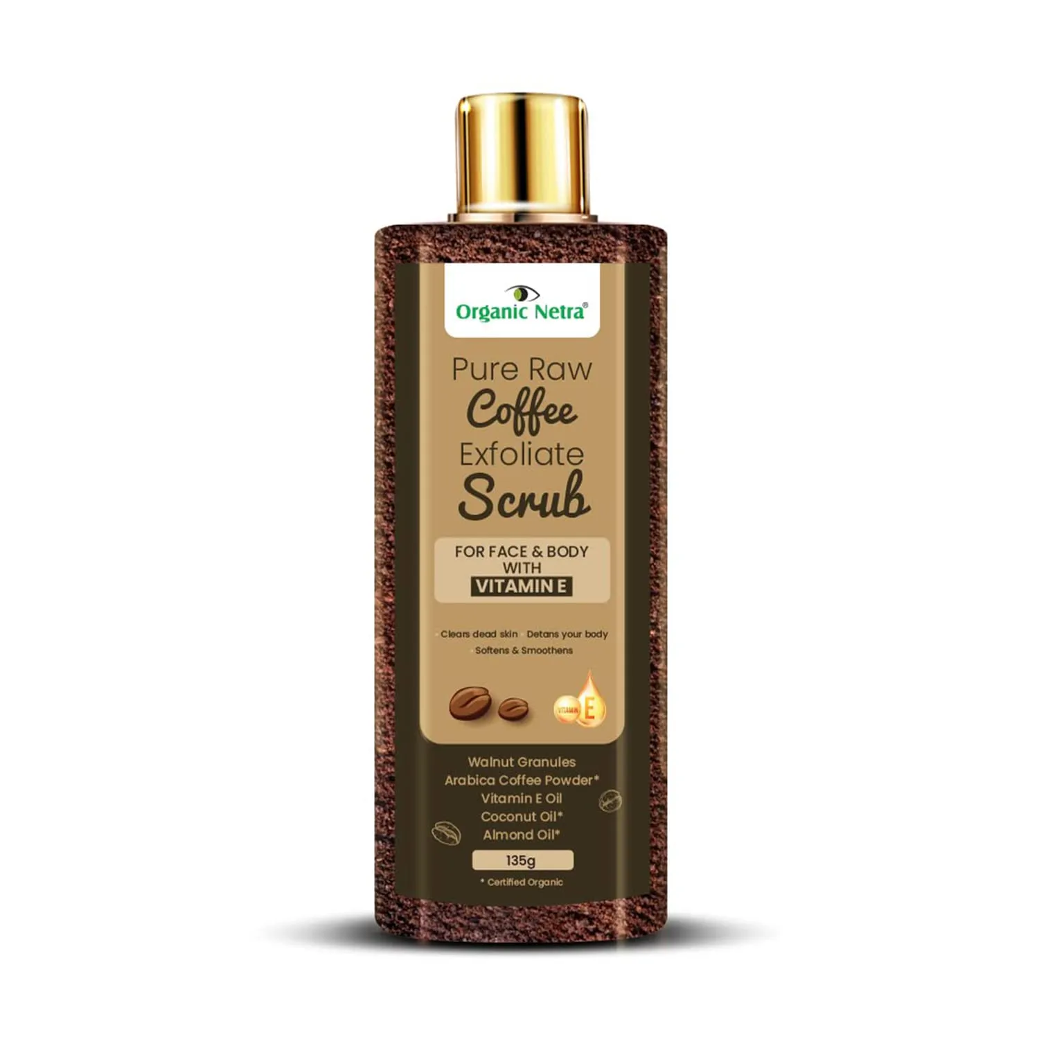 Organic Netra Pure Raw Coffee Exfoliate Scrub for Face and Body with Vitamin E | Deeply Hydrates and Moistures Skin | Enriched with Natural and Organic Ingredients | Paraben Free, 4.7 Oz (Pack of 1)