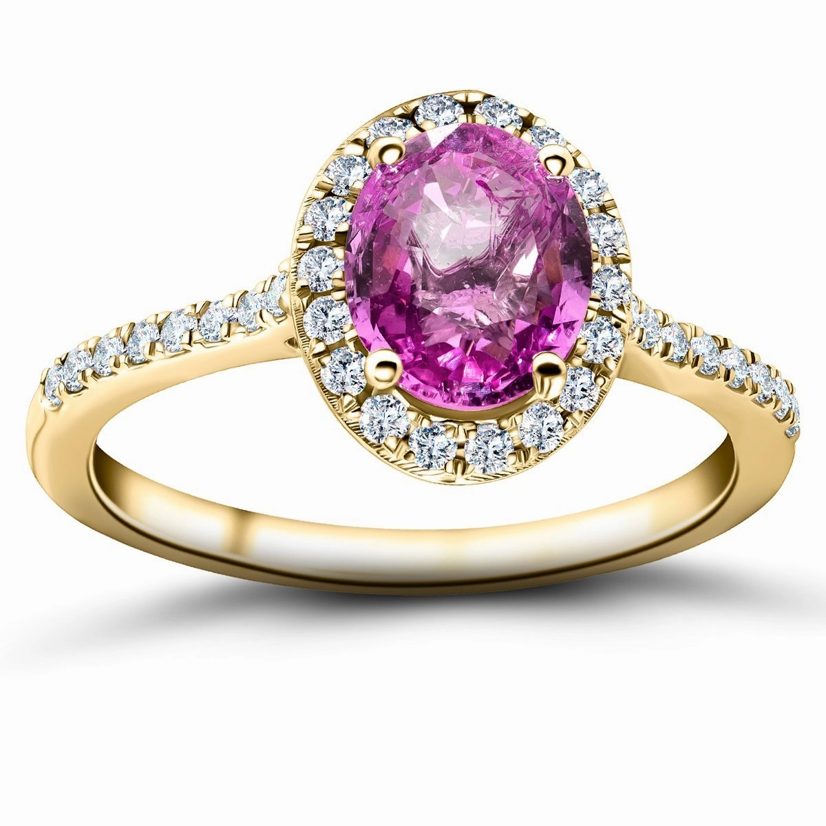 Oval Pink Sapphire & Diamond 1.88ct Halo Ring in 18k Yellow Gold