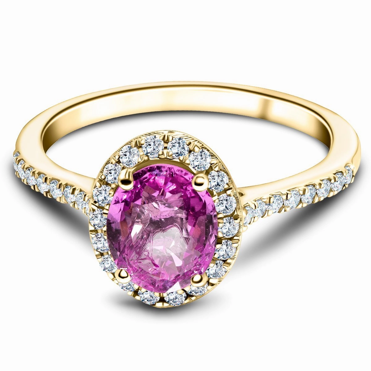 Oval Pink Sapphire & Diamond 1.88ct Halo Ring in 18k Yellow Gold
