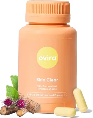 Ovira Skin Clear with ZINCBRIGHT - 60 Capsules for Clear and Glowing Skin | Rosacea & Hormonal Acne Treatment | Support Collagen Production | Acne Supplements for Women & Men - Pack of 1