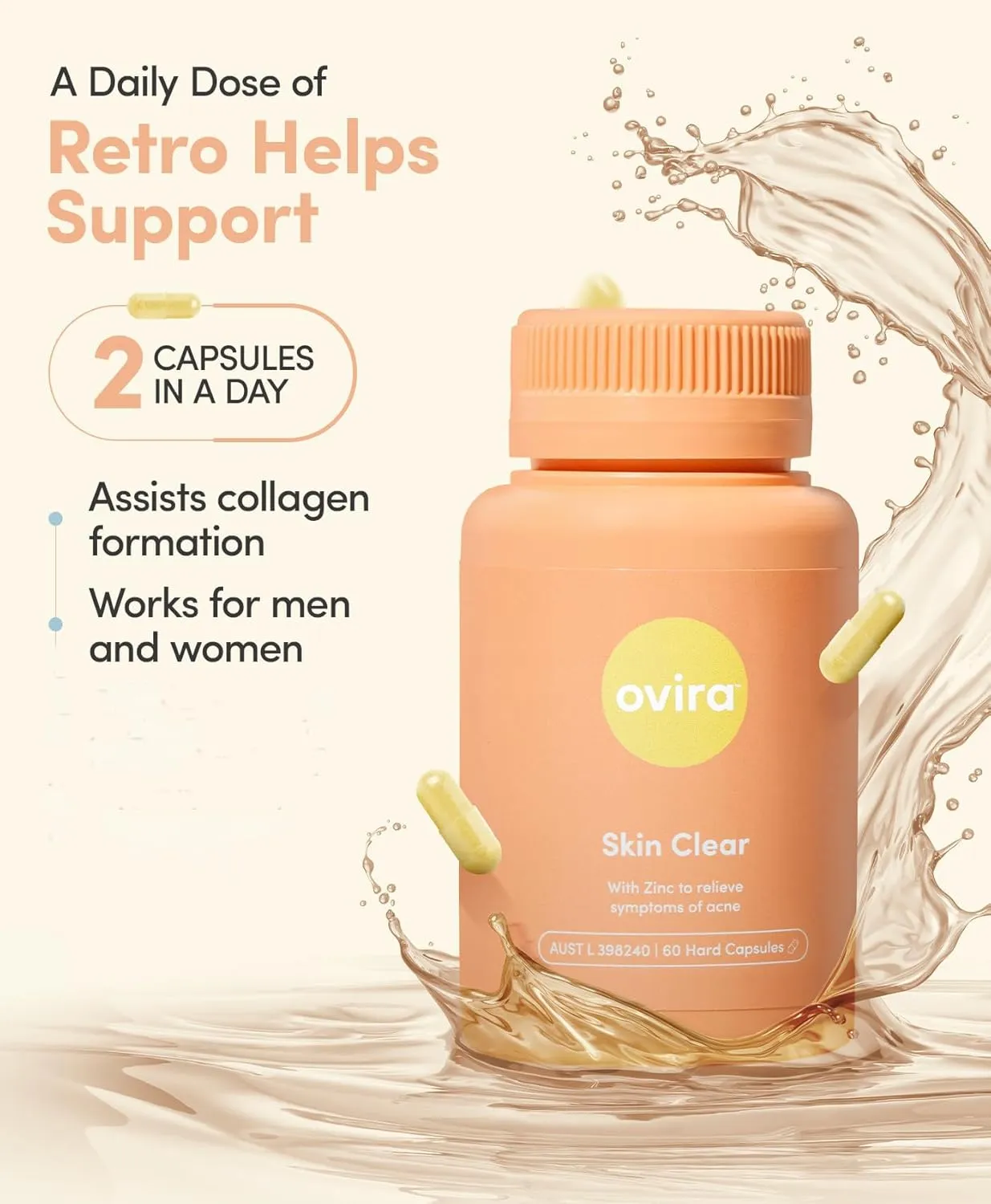 Ovira Skin Clear with ZINCBRIGHT - 60 Capsules for Clear and Glowing Skin | Rosacea & Hormonal Acne Treatment | Support Collagen Production | Acne Supplements for Women & Men - Pack of 1