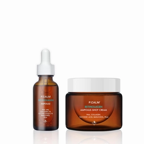 P.CALM Retinolagen Ampoule & Cream Set | Pore Tightening Glass Skin Serum & Moisturizer with Micro Dosing Retinal, Vegan Hydrolyzed Collagen, Bakuchiol, PHA | Vegan Korean Skincare