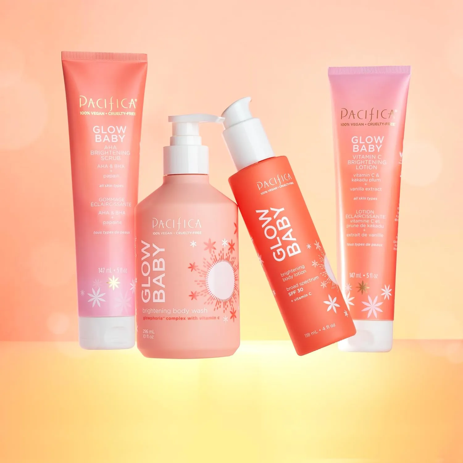 Pacifica Glow Baby Body Lotion & AHA Scrub Set – Brightening Vitamin C Body Lotion (5 oz)   AHA Exfoliating Body Scrub, 2-Step Radiance Duo for Smooth Glowing Skin, Vegan