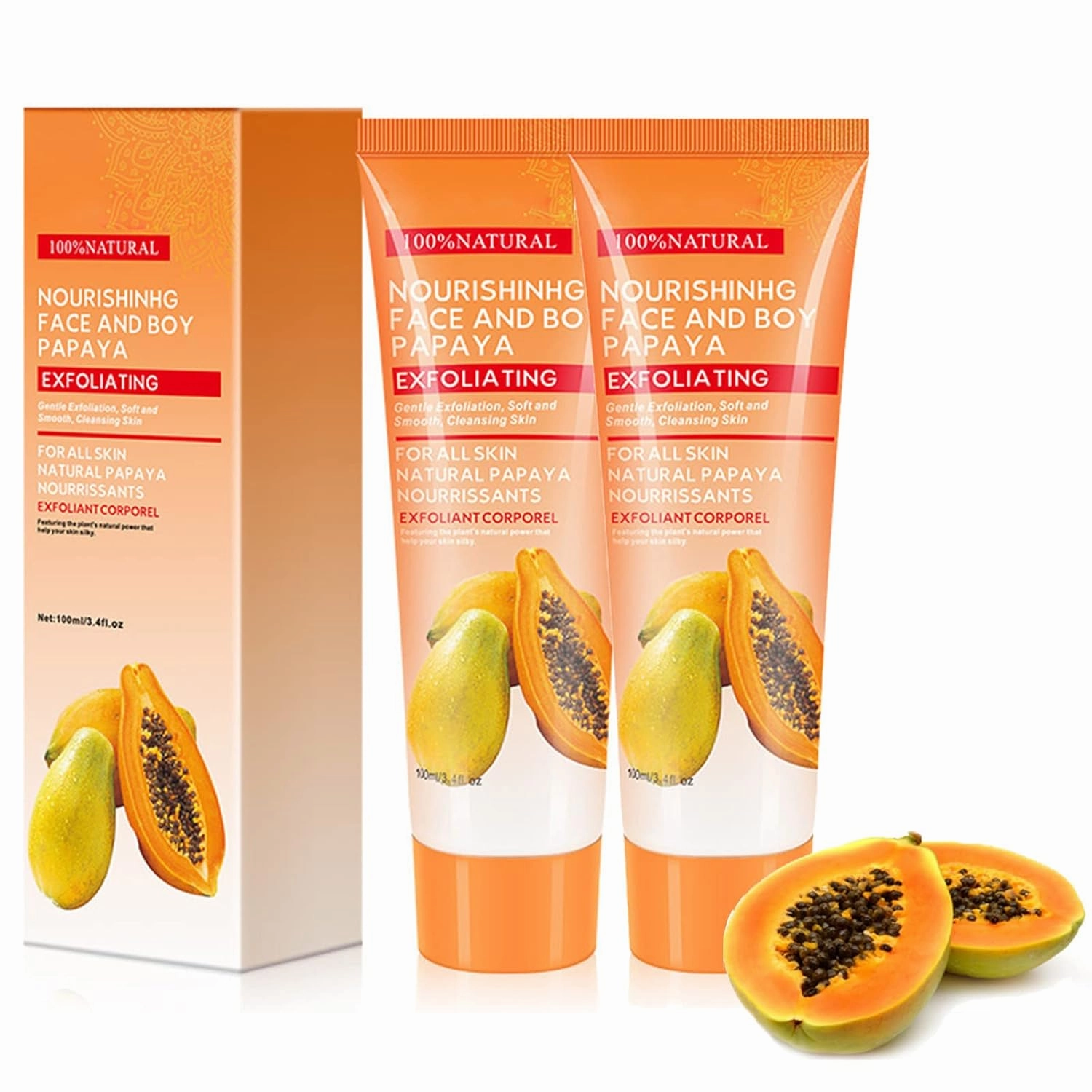 Papaya Essence Brightening Exfoliating Peeling Gel, Papayas Essence Peeling Cleanser, Exfoliating Face Wash, Papaya Scrub Cream Moisturizing Smoothing Facial and Body Extractfor (2pcs)