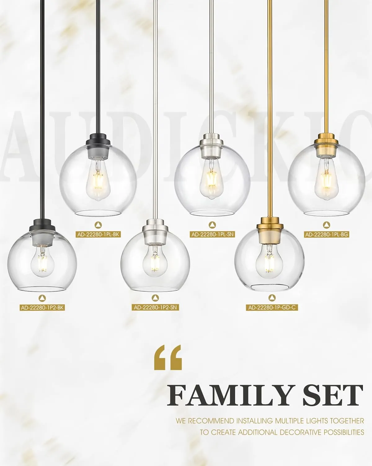 Pendant Lights Kitchen Island 2 Pack, 7" Modern Black Hanging Lights Fixtures with Clear Glass Globe Shade, Kitchen Island Lighting for Bathroom, AD-22280-1P2-BK-C