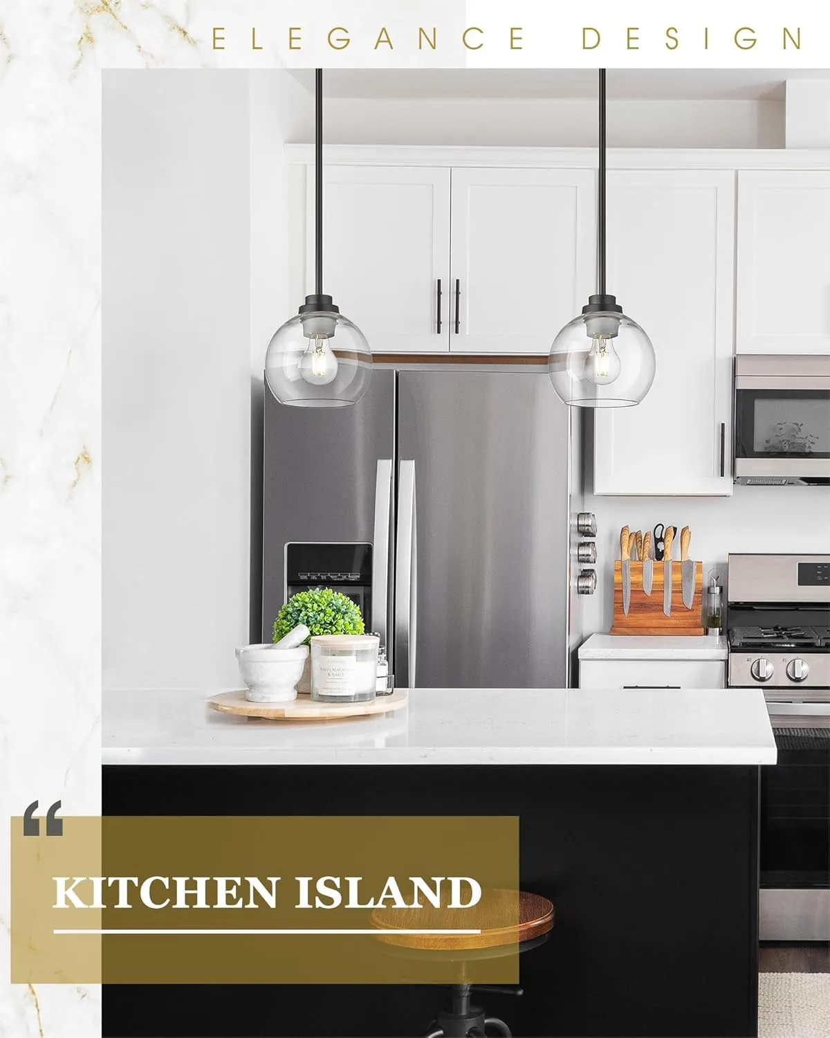 Pendant Lights Kitchen Island 2 Pack, 7" Modern Black Hanging Lights Fixtures with Clear Glass Globe Shade, Kitchen Island Lighting for Bathroom, AD-22280-1P2-BK-C