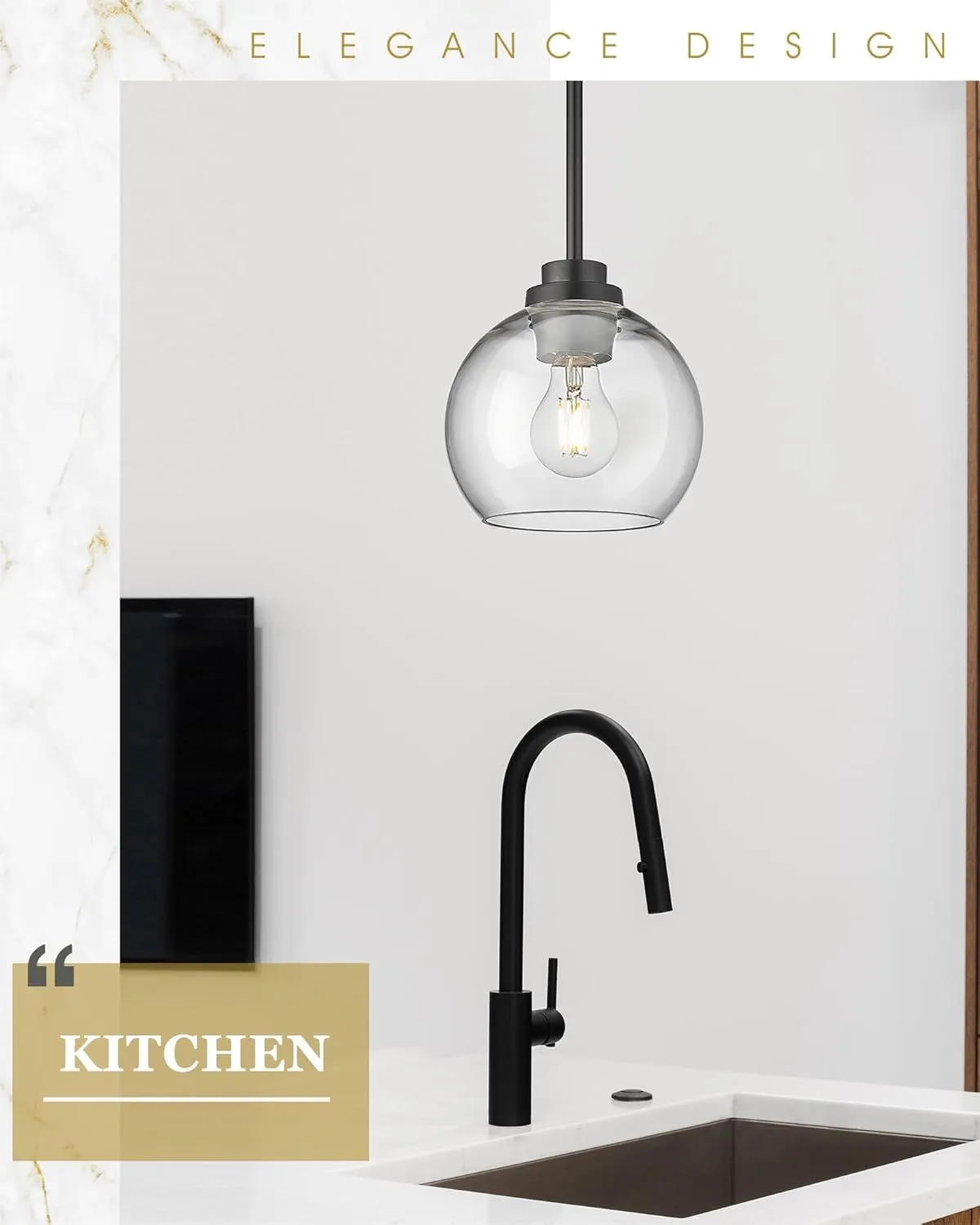 Pendant Lights Kitchen Island 2 Pack, 7" Modern Black Hanging Lights Fixtures with Clear Glass Globe Shade, Kitchen Island Lighting for Bathroom, AD-22280-1P2-BK-C