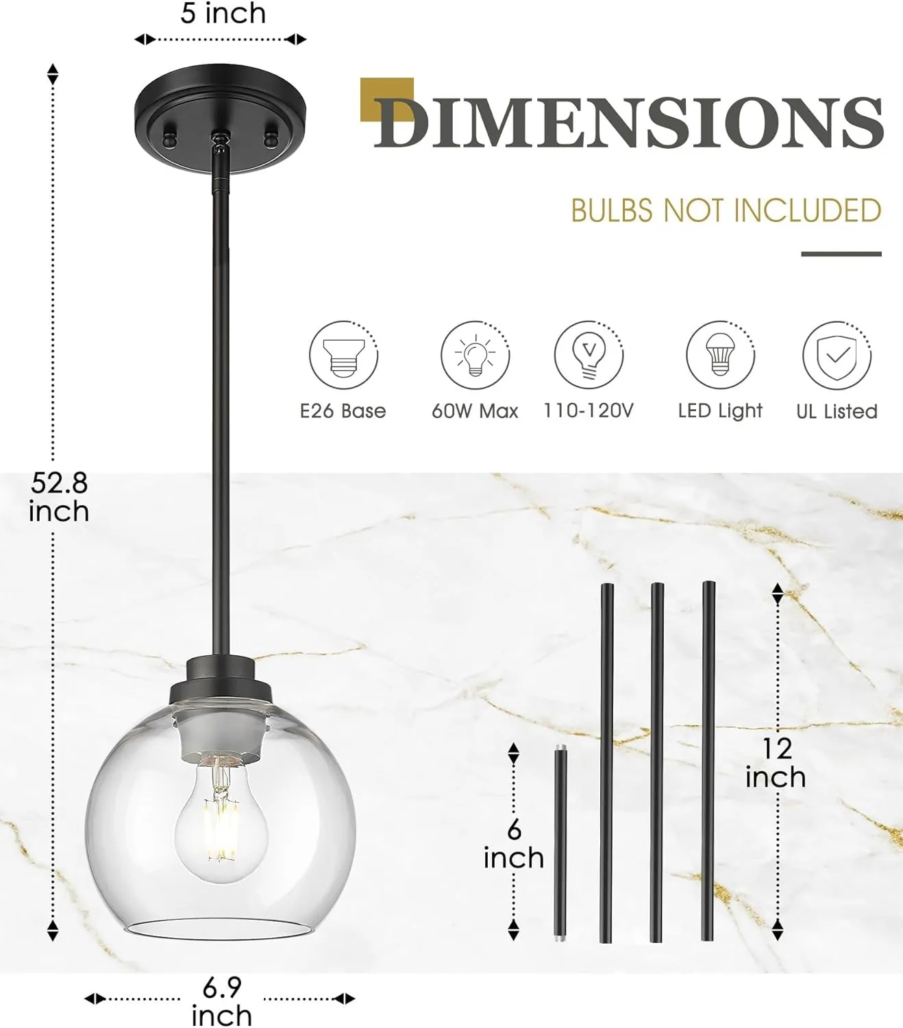 Pendant Lights Kitchen Island 2 Pack, 7" Modern Black Hanging Lights Fixtures with Clear Glass Globe Shade, Kitchen Island Lighting for Bathroom, AD-22280-1P2-BK-C
