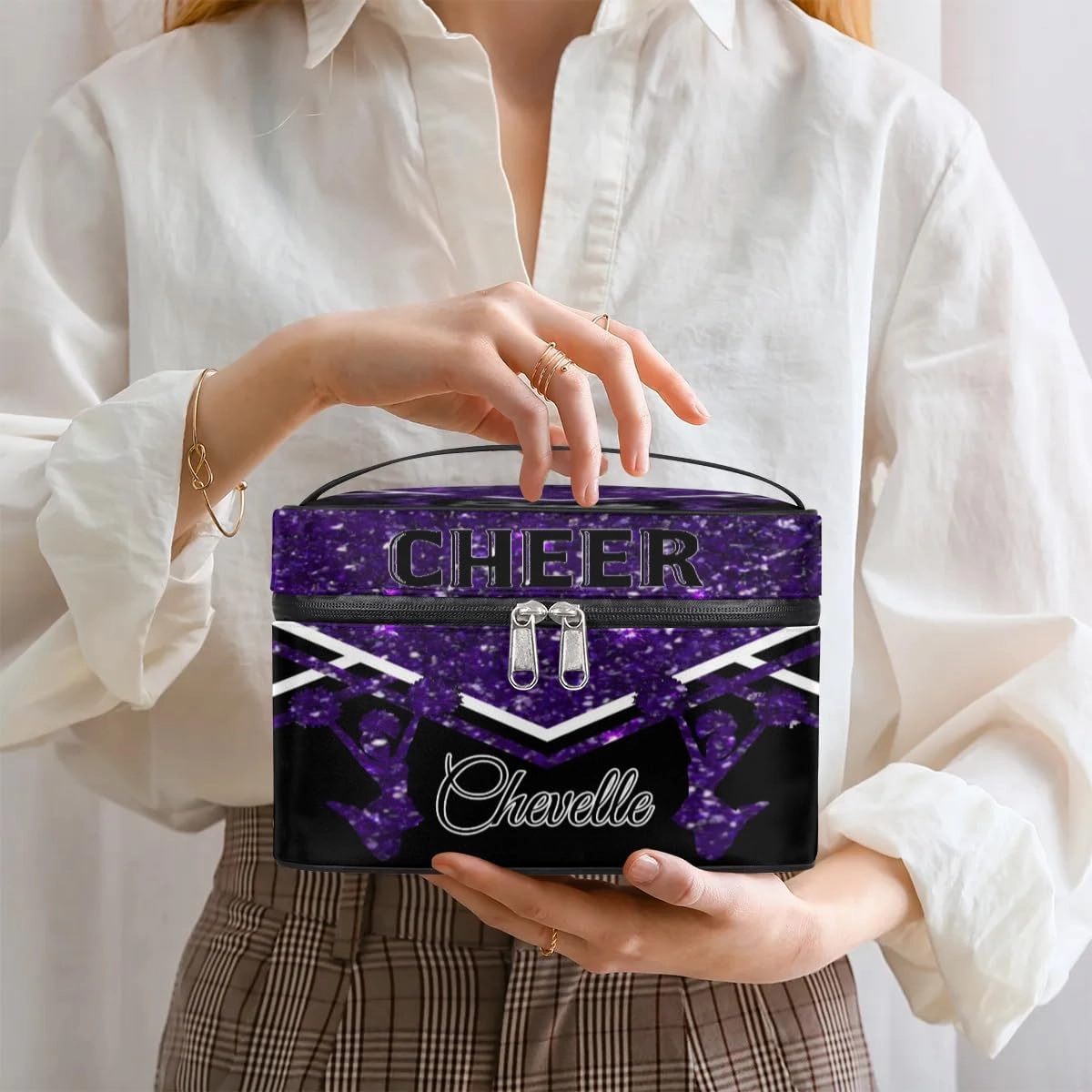 Personalized Cheer Travel Makeup Bag for Girls Women, Custom Cheerleader Cosmetic Make Up Zipper Pouch Bag, Personalized Gifts, Deep Purple Glitter Bag