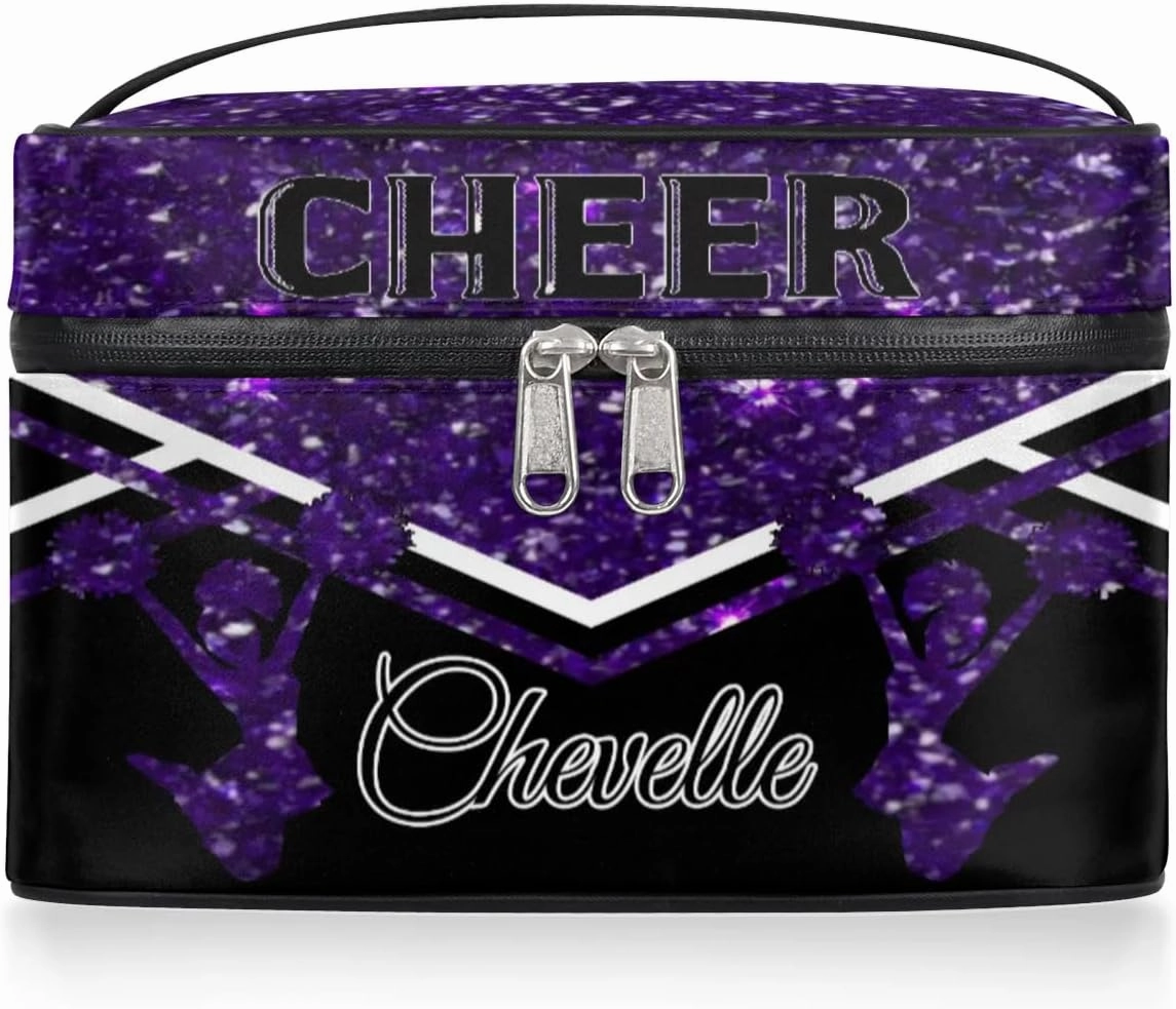 Personalized Cheer Travel Makeup Bag for Girls Women, Custom Cheerleader Cosmetic Make Up Zipper Pouch Bag, Personalized Gifts, Deep Purple Glitter Bag