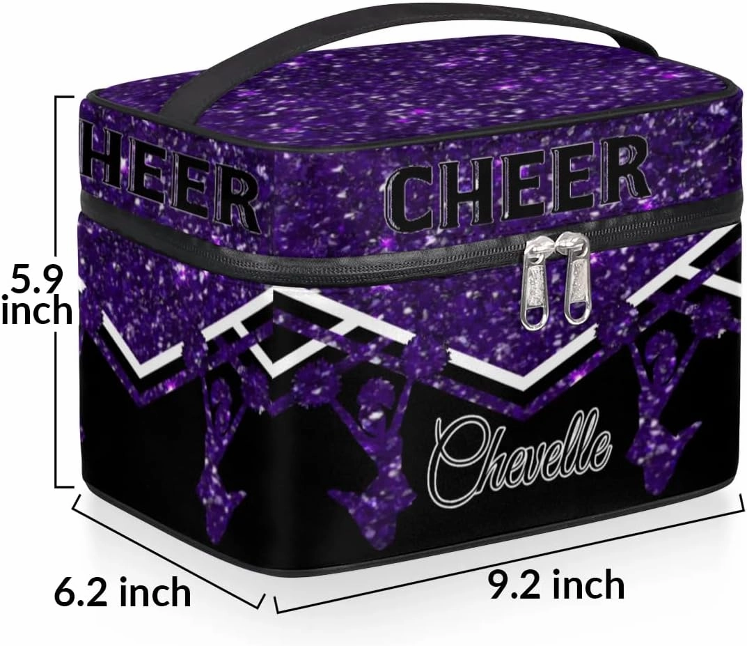 Personalized Cheer Travel Makeup Bag for Girls Women, Custom Cheerleader Cosmetic Make Up Zipper Pouch Bag, Personalized Gifts, Deep Purple Glitter Bag