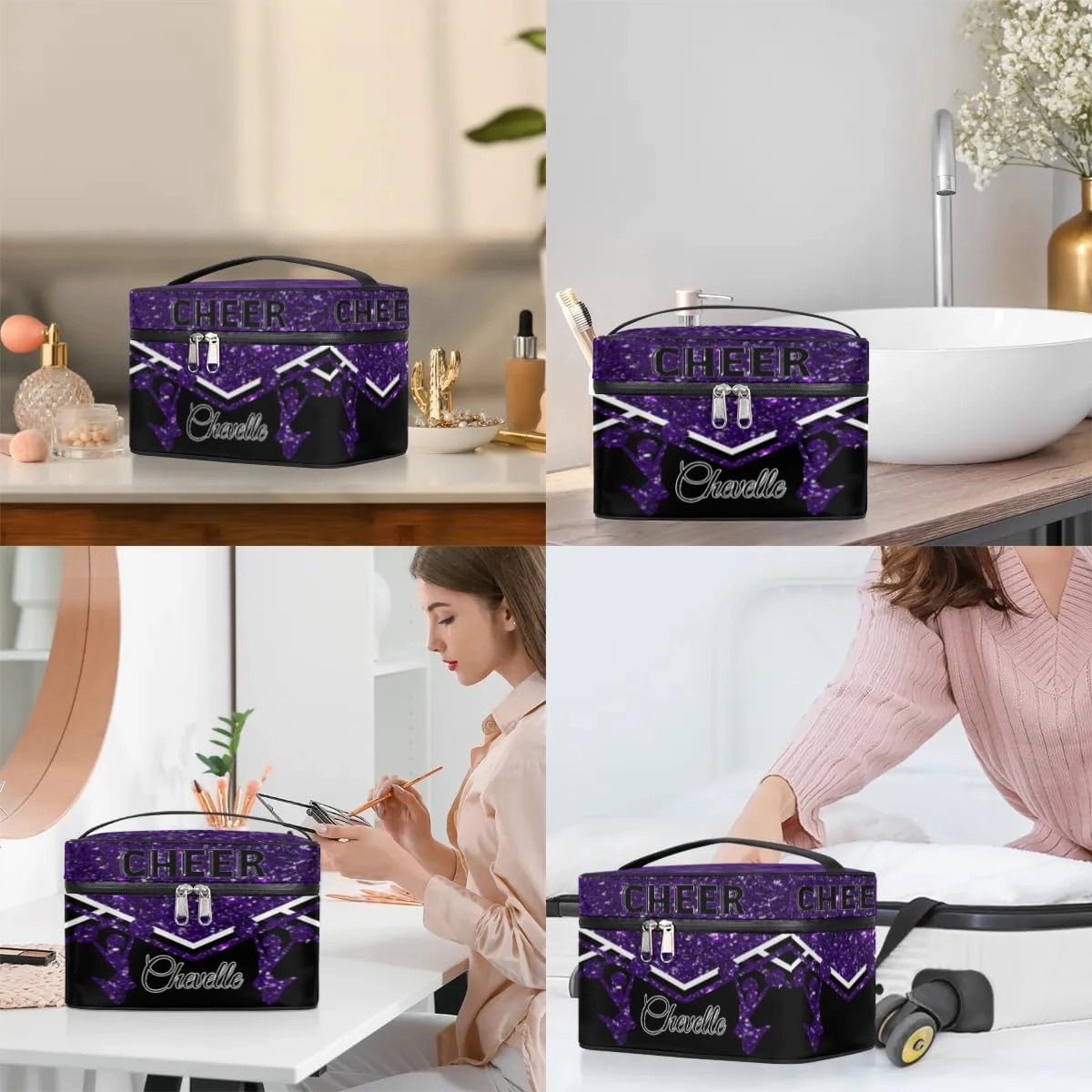 Personalized Cheer Travel Makeup Bag for Girls Women, Custom Cheerleader Cosmetic Make Up Zipper Pouch Bag, Personalized Gifts, Deep Purple Glitter Bag