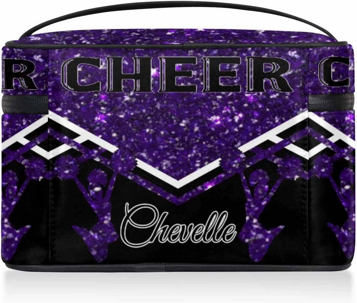 Personalized Cheer Travel Makeup Bag for Girls Women, Custom Cheerleader Cosmetic Make Up Zipper Pouch Bag, Personalized Gifts, Deep Purple Glitter Bag