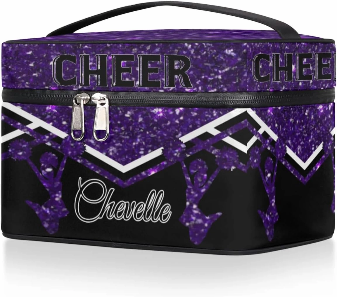 Personalized Cheer Travel Makeup Bag for Girls Women, Custom Cheerleader Cosmetic Make Up Zipper Pouch Bag, Personalized Gifts, Deep Purple Glitter Bag