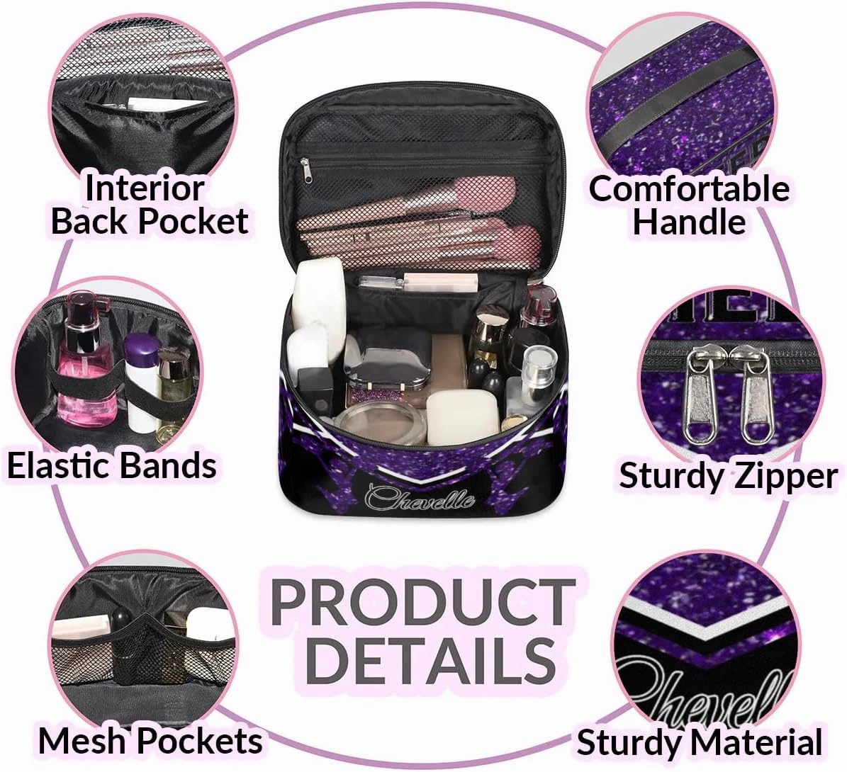 Personalized Cheer Travel Makeup Bag for Girls Women, Custom Cheerleader Cosmetic Make Up Zipper Pouch Bag, Personalized Gifts, Deep Purple Glitter Bag