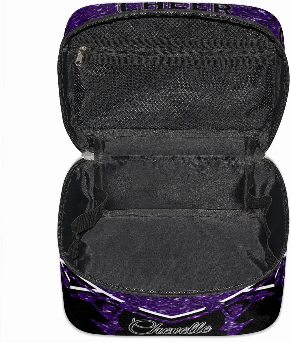 Personalized Cheer Travel Makeup Bag for Girls Women, Custom Cheerleader Cosmetic Make Up Zipper Pouch Bag, Personalized Gifts, Deep Purple Glitter Bag