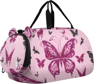 Pink Black Butterflies Glowing Girls Duffle Bags for Travel Weekender Overnight Carry on Duffel for Boys Kids Dance Duffle