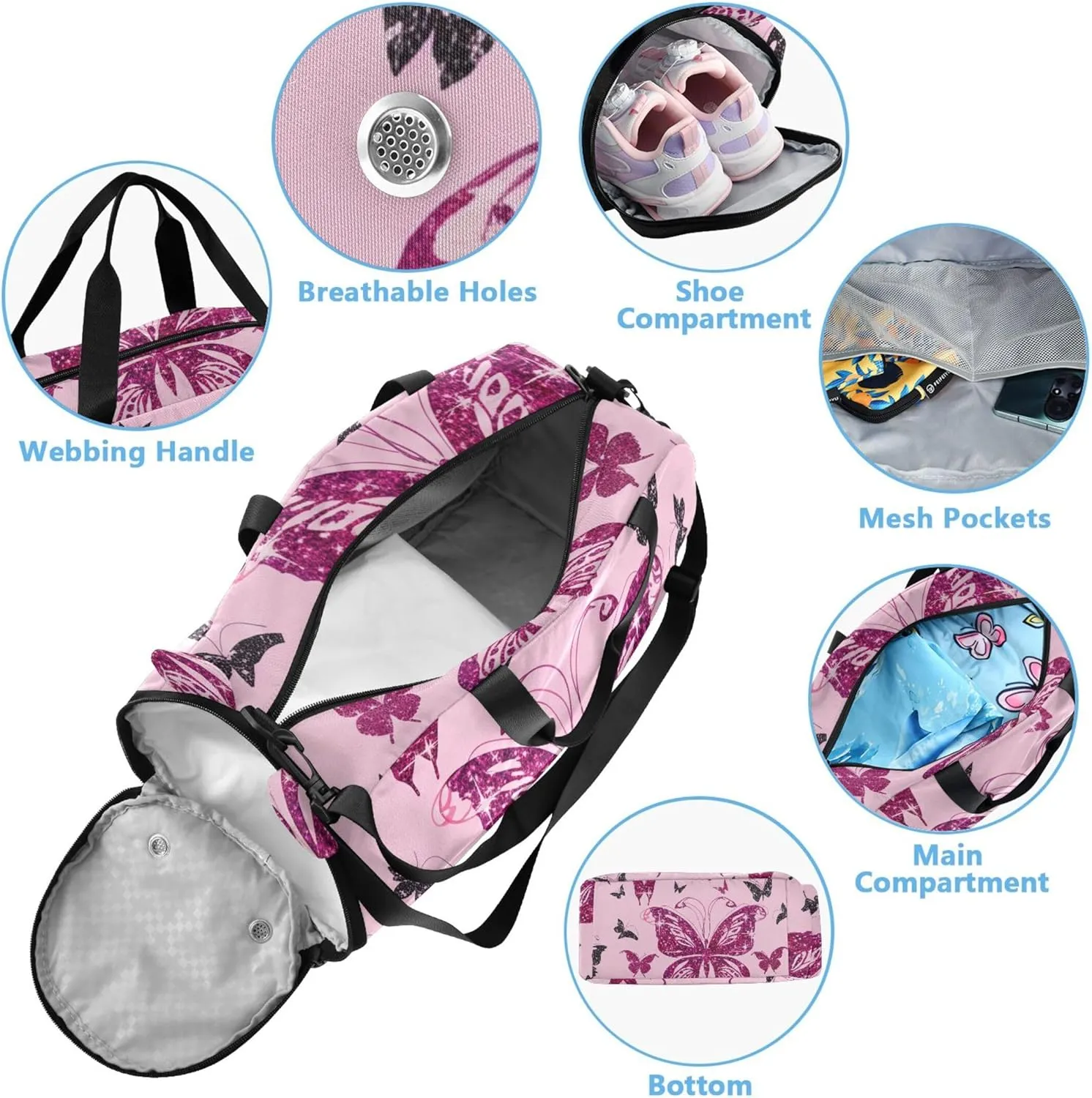 Pink Black Butterflies Glowing Girls Duffle Bags for Travel Weekender Overnight Carry on Duffel for Boys Kids Dance Duffle