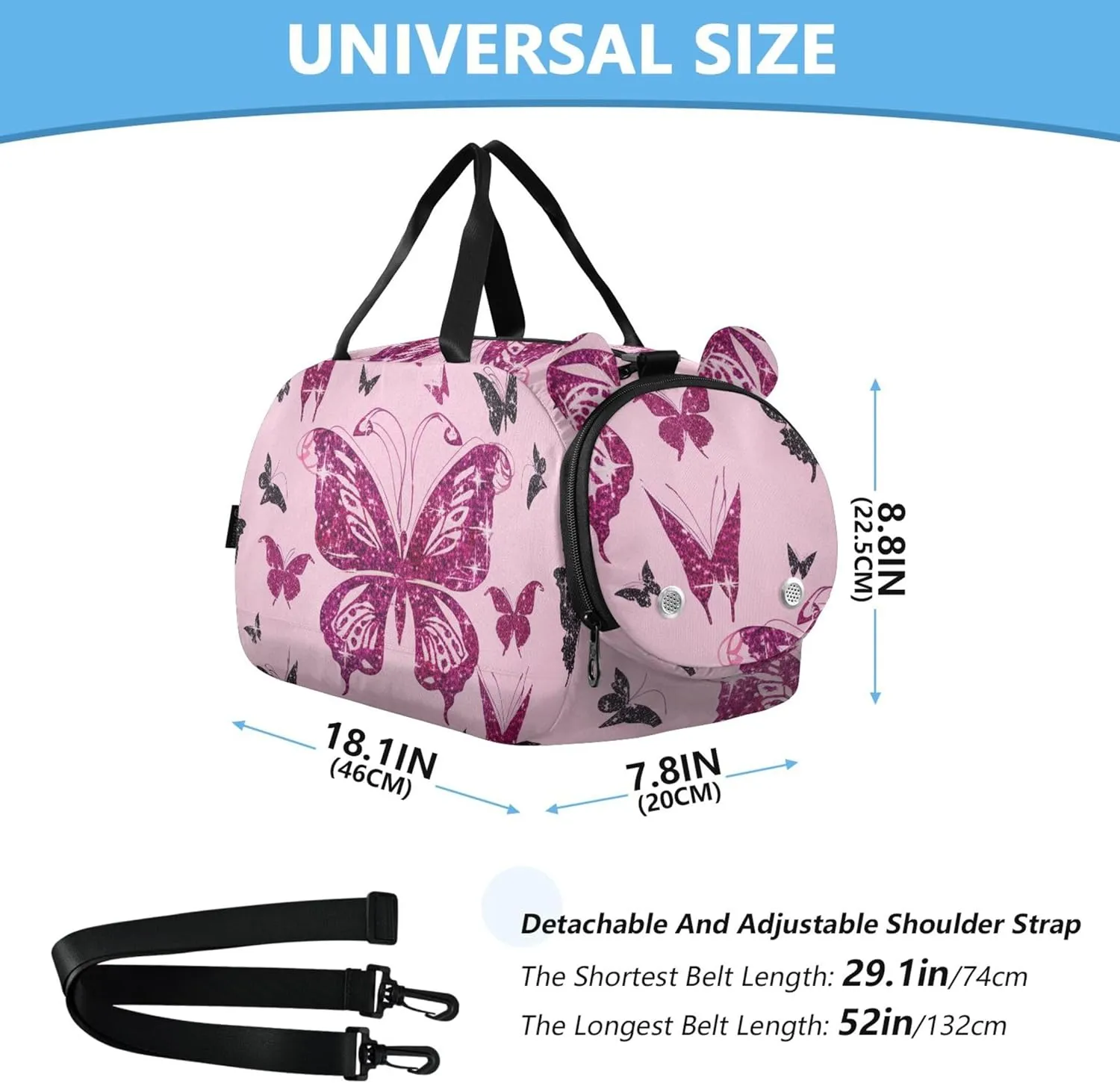 Pink Black Butterflies Glowing Girls Duffle Bags for Travel Weekender Overnight Carry on Duffel for Boys Kids Dance Duffle
