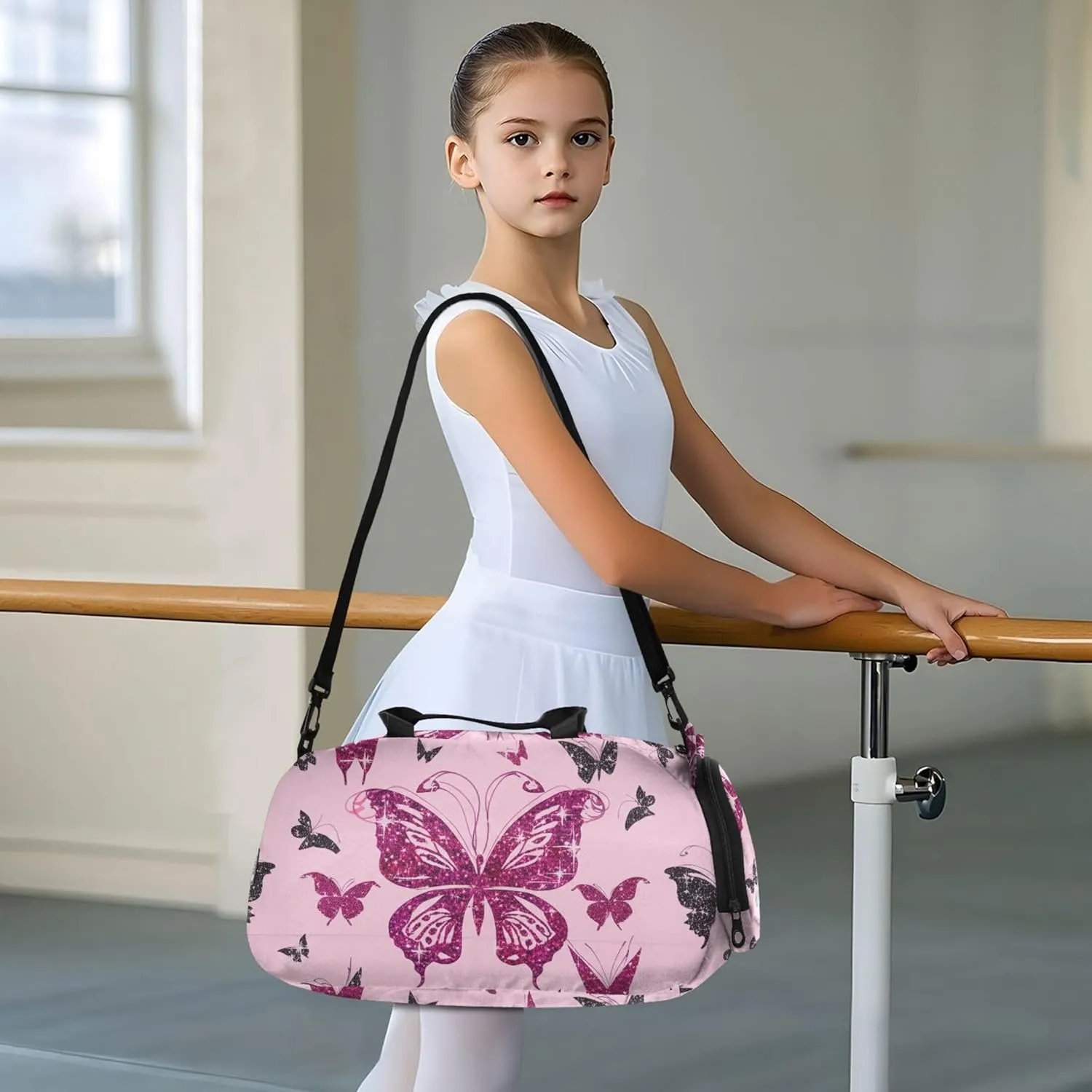 Pink Black Butterflies Glowing Girls Duffle Bags for Travel Weekender Overnight Carry on Duffel for Boys Kids Dance Duffle