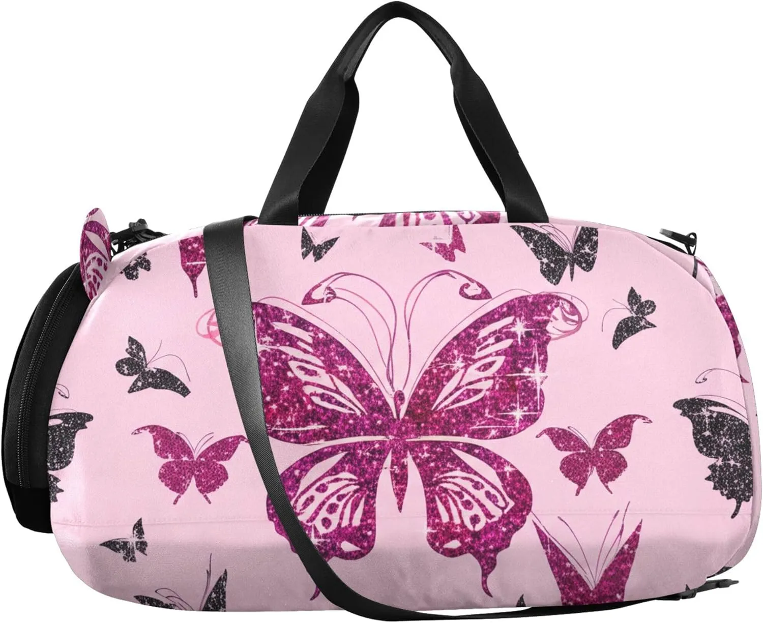 Pink Black Butterflies Glowing Girls Duffle Bags for Travel Weekender Overnight Carry on Duffel for Boys Kids Dance Duffle