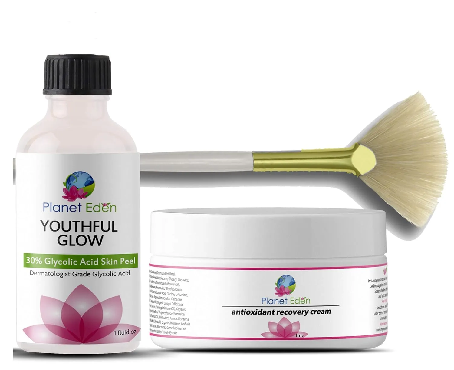 Planet Eden 30% Glycolic Acid Chemical Skin Peel Kit with Antioxidant Recovery Cream and Fan Brush Diminish sun damage
