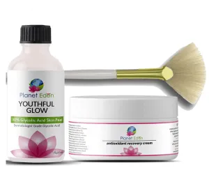 Planet Eden 30% Glycolic Acid Chemical Skin Peel Kit with Antioxidant Recovery Cream and Fan Brush Diminish sun damage