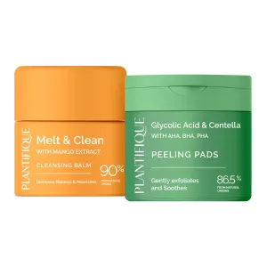 PLANTIFIQUE Korean Cleansing Balm Makeup Remover with Mango & Papaya Extracts and Korean Glycolic Acid Pads with CICA 60 Pcs