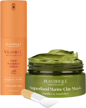 PLANTIFIQUE Korean Vitamin C Face Massage Serum and Korean Skin Care Detox Face Mask with Avocado & Superfoods