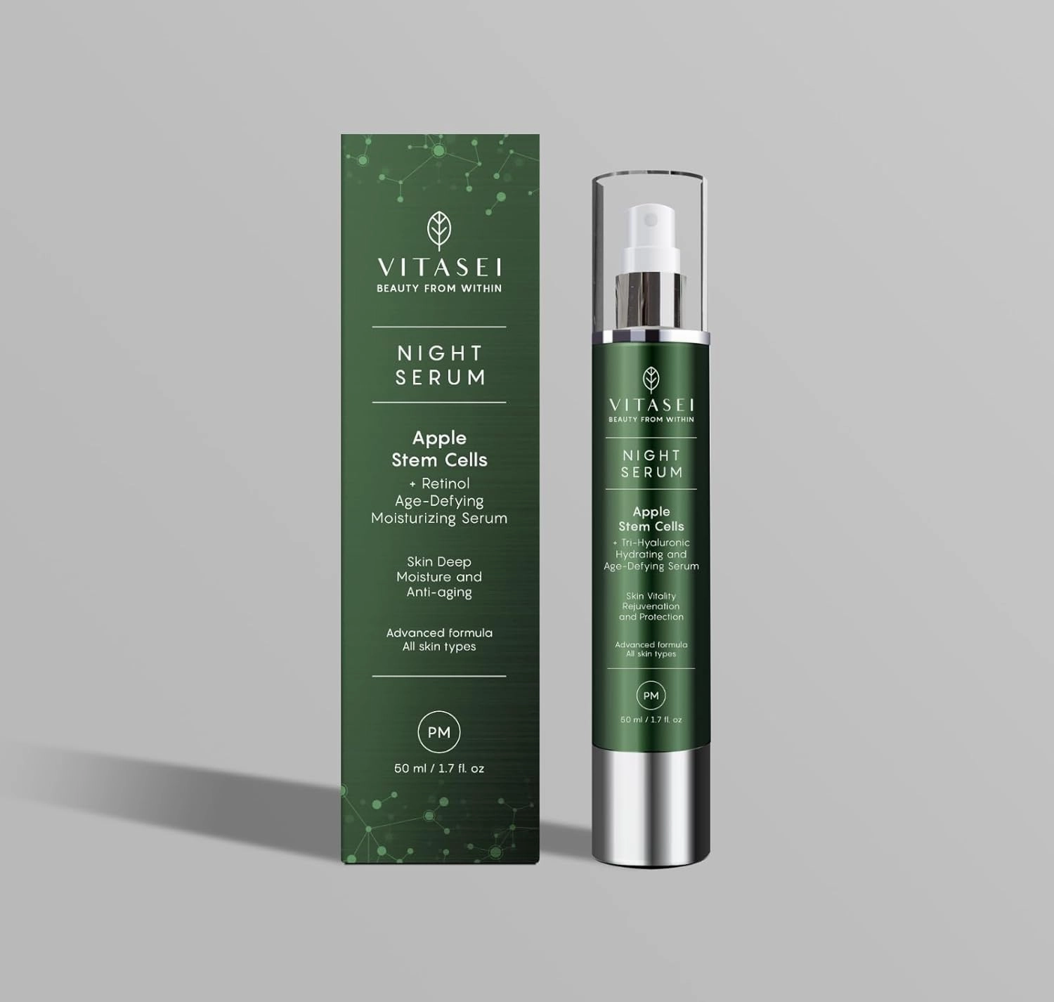 PM Night Serum W/Apple Stem Cells, Shea Butter, Green Tea, Chamomile Extract, Orange, Olive & Aloe Vera for Face - Retinol Anti-Aging & Moisturizing Facial Serum for Women - 1.7 Fl oz