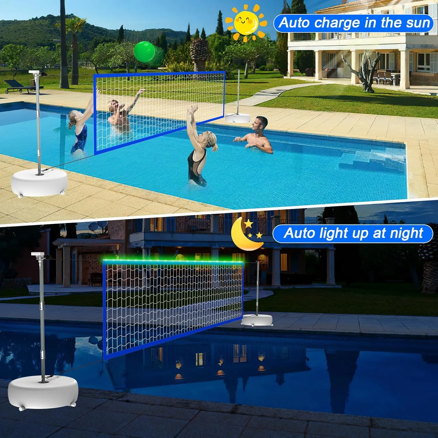 Pool Volleyball Net Set with Lights, Solar Powered Portable Outdoor LED Volleyball Net for Pool with 2 Glowing Balls,Pump and Weighted Bases, Adjustable Length 15ft-32ft for Inground Pool.