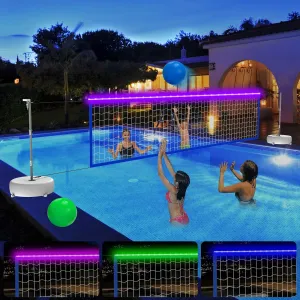 Pool Volleyball Net Set with Lights, Solar Powered Portable Outdoor LED Volleyball Net for Pool with 2 Glowing Balls,Pump and Weighted Bases, Adjustable Length 15ft-32ft for Inground Pool.