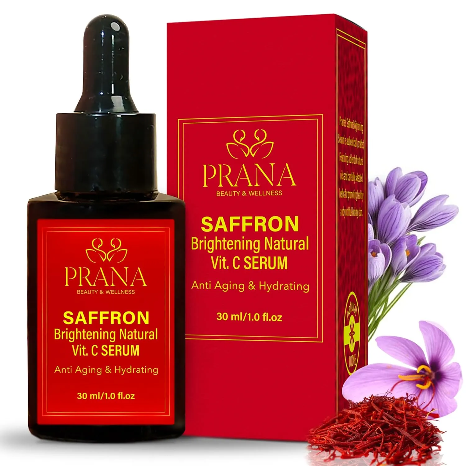 PRANA Saffron Brightening Vitamin C Serums- Hydrating Face Serum with Ayurvedic Ingredients- Face Serum with Blue Lotus, Vetiver, Sandalwood & Saffron- Glowing Skin Serums for Radiant, Even Tone(30ml)