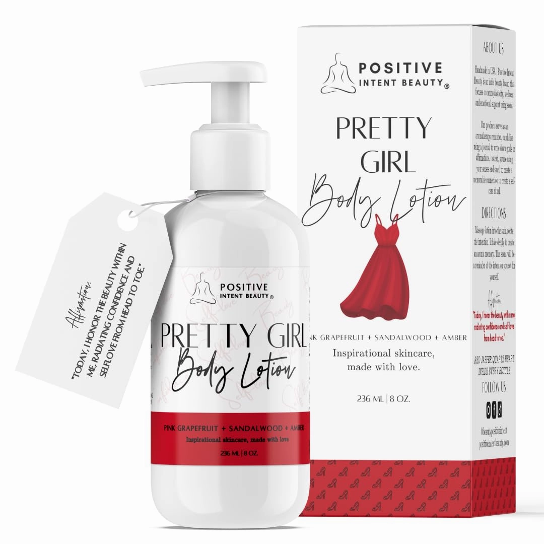 Pretty Girl Lotion with Affirmation Card, Grapefruit, Amber, Plant Botanicals, Shea Butter, Vitamins to Nourish, and Soften Skin, Aromatherapy, Mothers Day Gift 8oz