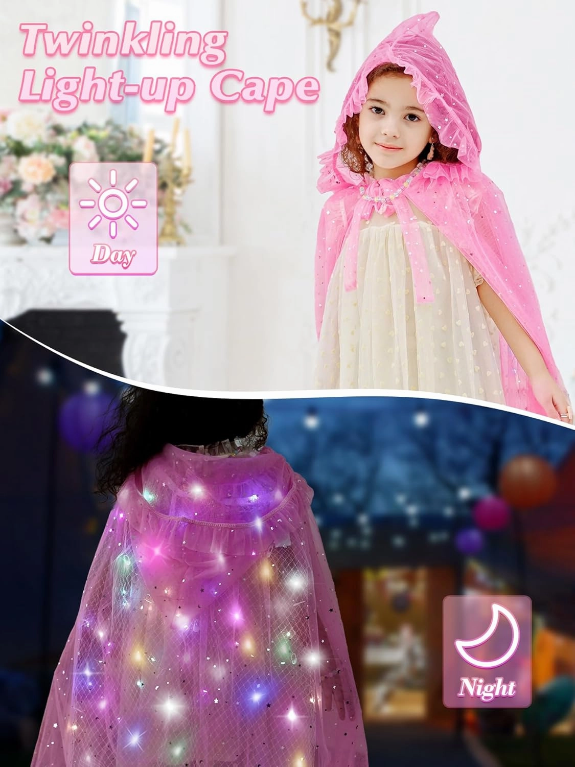 Princess Dress Up Cloth for Girl 3 4 5 6 7 8, Kids Light Up Cape with Toy Wand, Toddler Costume Dressup Gift