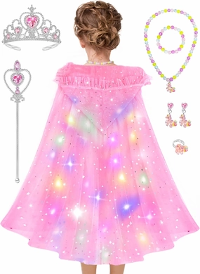 Princess Dress Up Cloth for Girl 3 4 5 6 7 8, Kids Light Up Cape with Toy Wand, Toddler Costume Dressup Gift