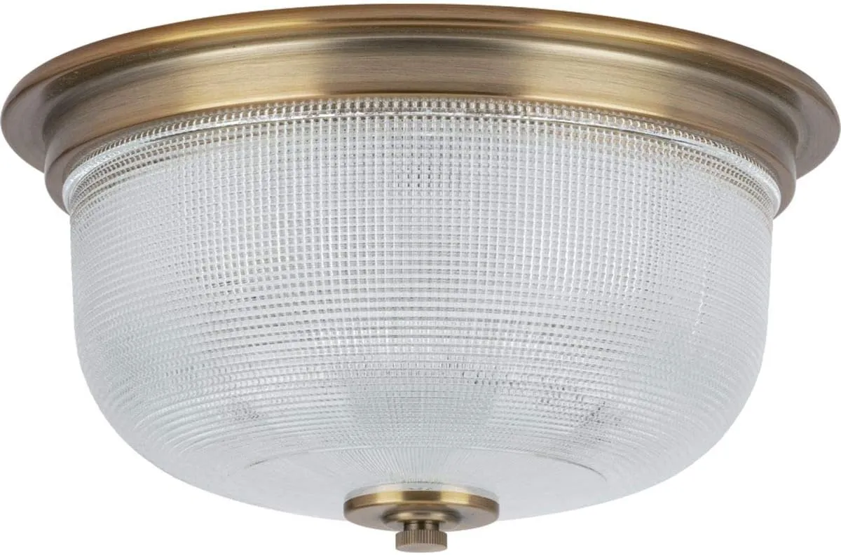 Progress Lighting P3740-163 Archie Two-Light Flush Mount with Clear Double Prismatic Glass, 6-1/4" x 12-3/8" x 12-3/8", Vintage Brass