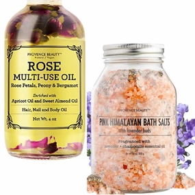 Provence Beauty Rose Multi-Use Oil for Face, Body and Hair - Organic Blend of Apricot, Vitamin E - Pink Himalayan Bath Salt with Lavender - 100% Natural Aromatherapy and Relaxation - Lavender Grapefru
