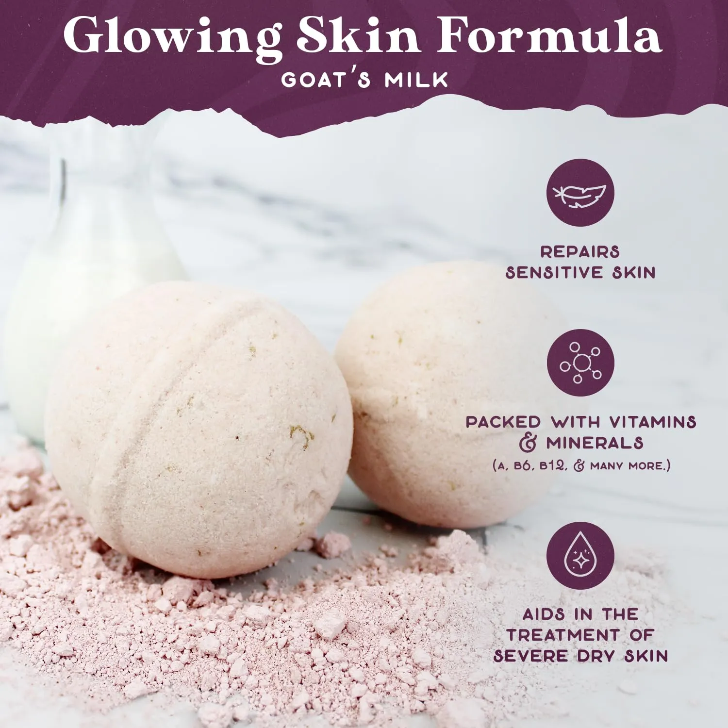 Purple Canyon Glowing Goat Natural Bath Bombs | Skin Moisturizing Goat Milk with Pink Calamine Clay for Sensitive Skin | Fragrance Free Handmade Bath Bombs for Skin Care