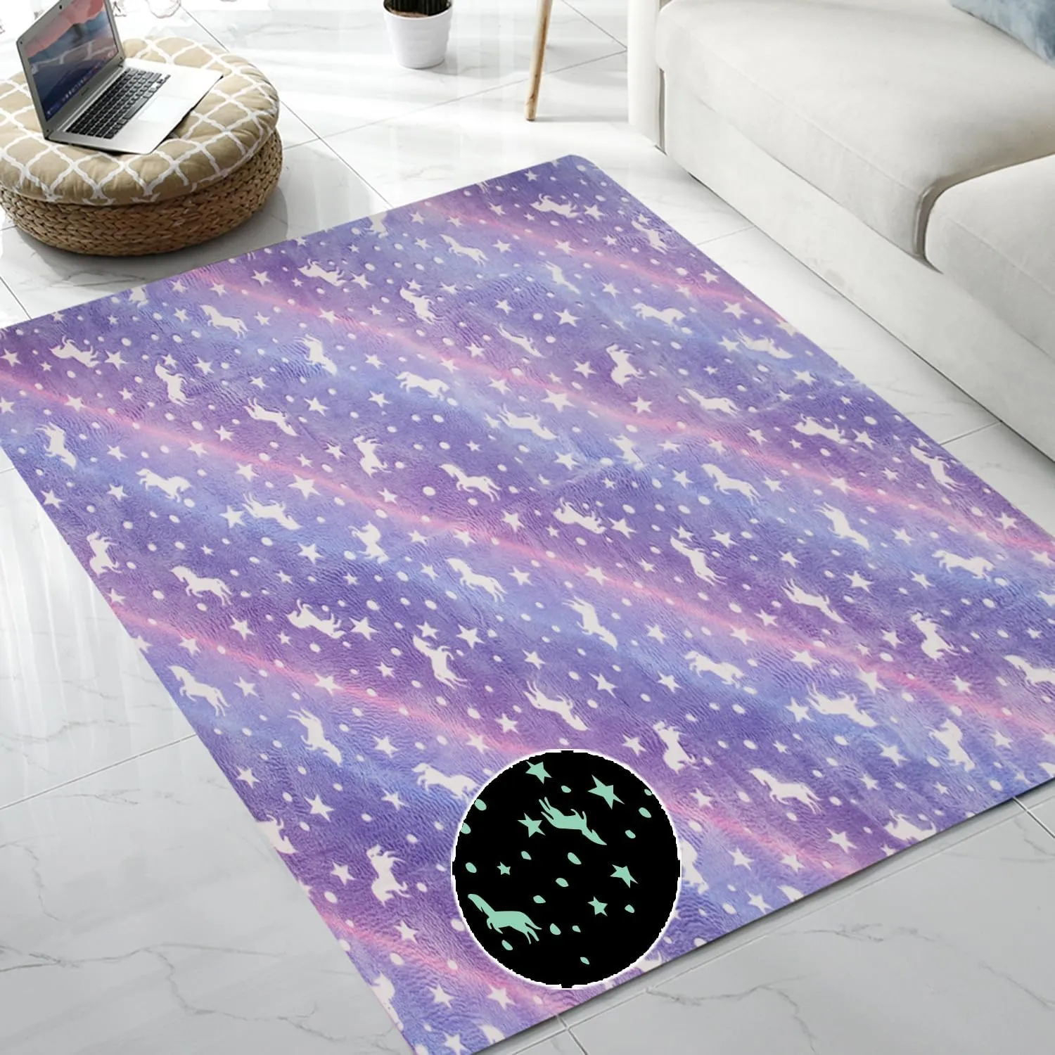 QH Purple Seamless Unicorn Pattern Glow in The Dark Area Rug Area Rug for Living Room Bedroom Kids Room Size 5'x6'