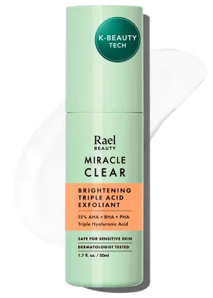 Rael Face Exfoliator, Miracle Clear Triple Exfoliant Gel Serum - Glycolic, Hyaluronic Acid, 15% AHA, BHA, PHA, Hydration, Korean Skin Care, Vegan, Cruelty Free (1.7 fl oz, 50ml)