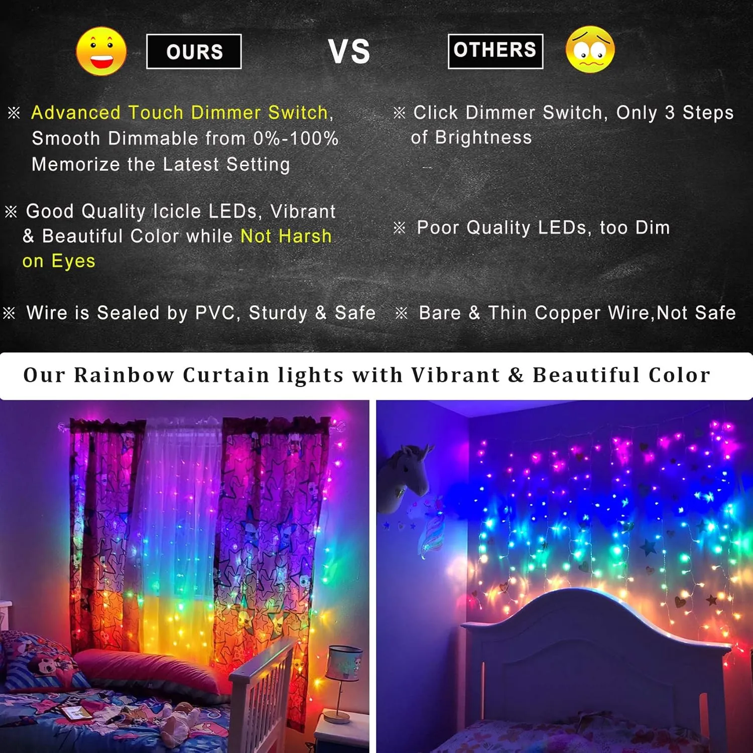 Rainbow Fairy String Curtain Lights with Touch Dimmer Switch, Hanging LED Icicle Rainbow Lights Curtain for Girls Bedroom, Kids Room, Unicorn Room, Birthday, Holiday Decor