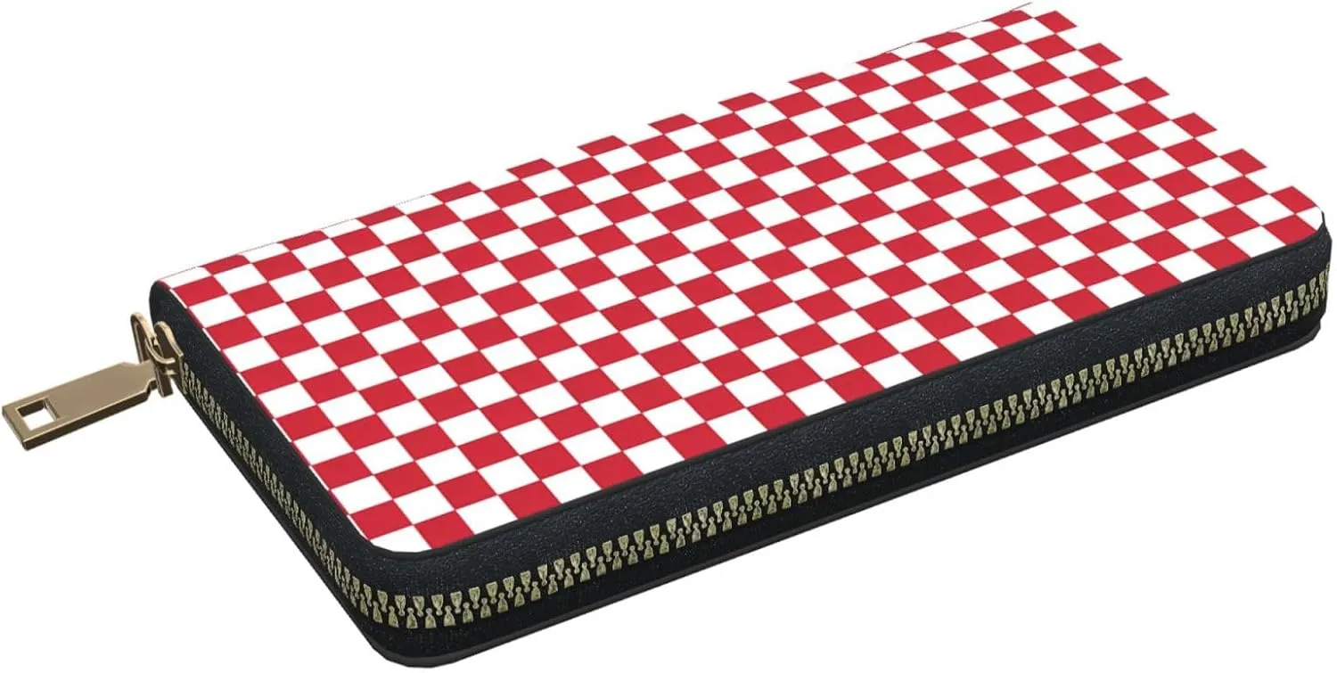 (Red Rose) Pu Leather Purse Multi Compartment Card Wallet Stylish Wallet with Zipper for Cards, Coin, Bill, Red Checkered White Squares, One Size