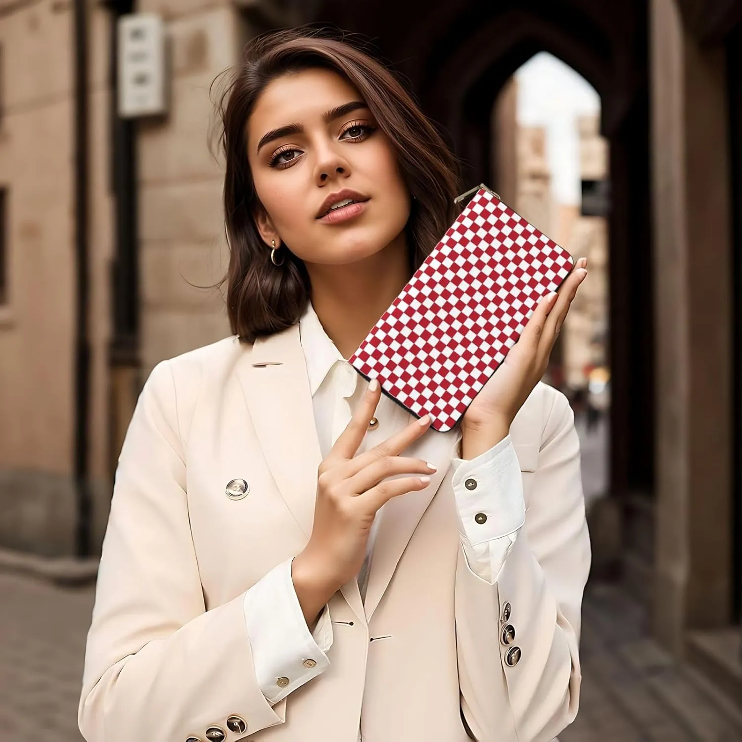 (Red Rose) Pu Leather Purse Multi Compartment Card Wallet Stylish Wallet with Zipper for Cards, Coin, Bill, Red Checkered White Squares, One Size