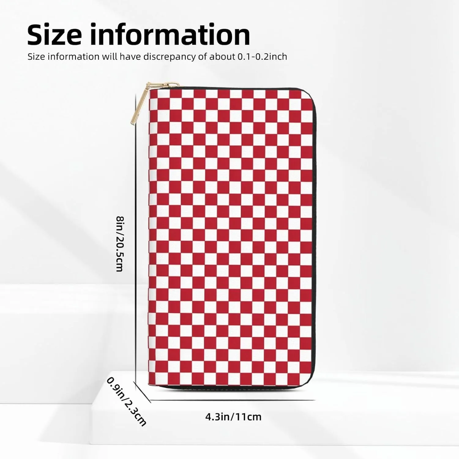 (Red Rose) Pu Leather Purse Multi Compartment Card Wallet Stylish Wallet with Zipper for Cards, Coin, Bill, Red Checkered White Squares, One Size