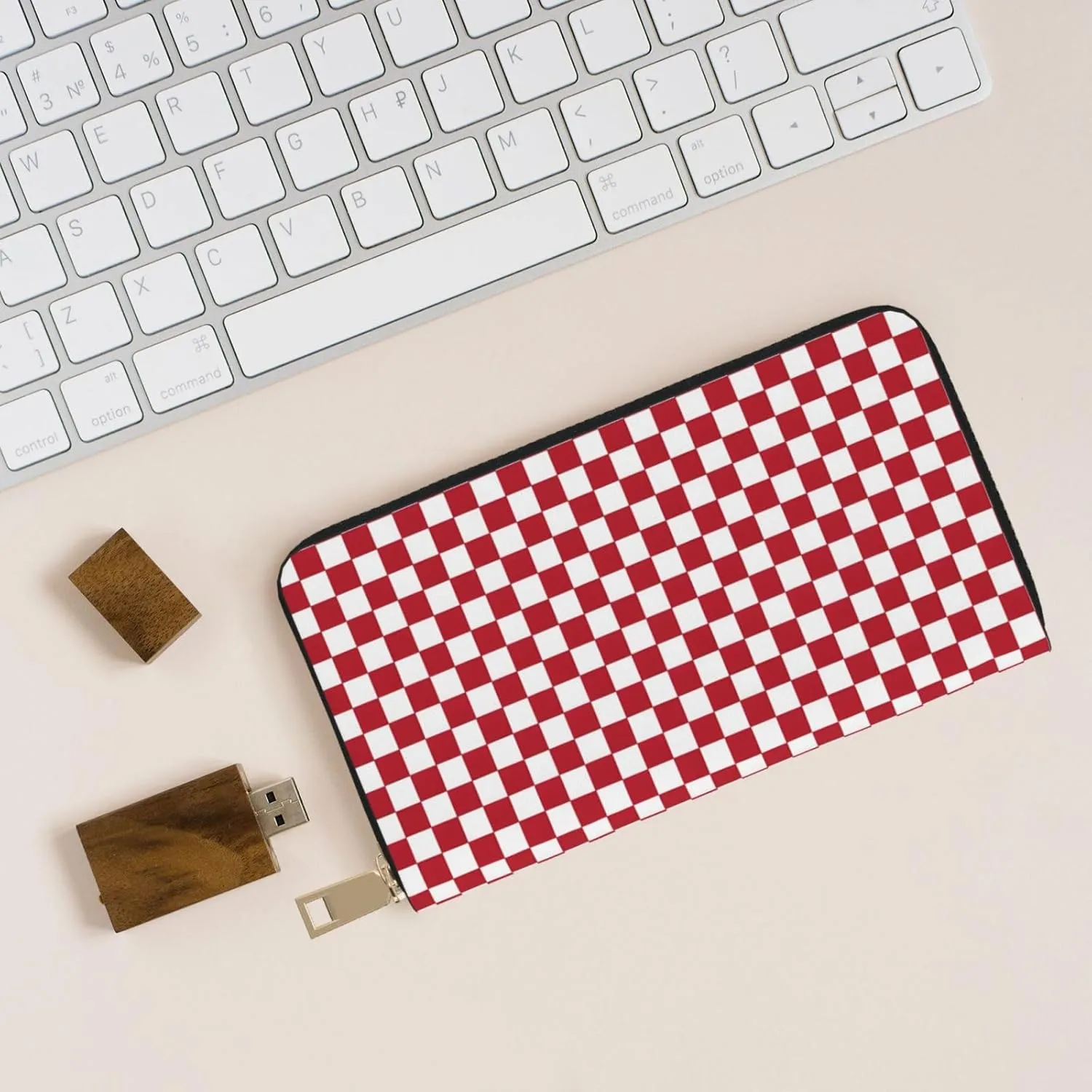 (Red Rose) Pu Leather Purse Multi Compartment Card Wallet Stylish Wallet with Zipper for Cards, Coin, Bill, Red Checkered White Squares, One Size