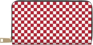 (Red Rose) Pu Leather Purse Multi Compartment Card Wallet Stylish Wallet with Zipper for Cards, Coin, Bill, Red Checkered White Squares, One Size